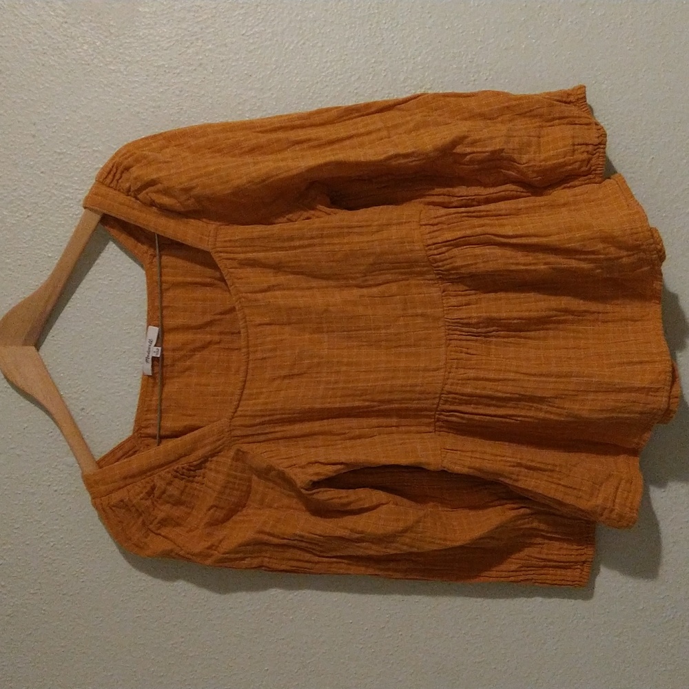 Madewell Lightspun Millbrook Puff-Sleeve Peplum Blouse in Mustard Windowpane S